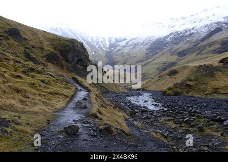 Landschaft in der Nähe von Seljavallalaug Pool, einem natürlich beheizten Schwimmbad, etwa zehn Kilometer östlich von Ásólfsskáli Stockfoto