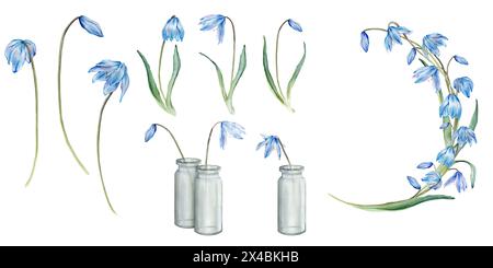 Aquarellset mit hellblauer Blumenillustration im Frühling. Blumenkranz mit blauen Schneeglöckchen oder Skillas isoliert auf weißem Hintergrund. Erster Frühling Stockfoto