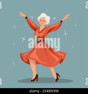 Fröhliche alte Dame, die in einem Kleid tanzt. Aktives Altern. Vektor-flache Illustration der glücklichen schönen älteren Frau im roten Kleid auf blauem Hintergrund mit Sternen. Stock Vektor