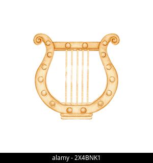 Antike griechische Leier. Antikes Musikinstrument. Emblem der Militärmarschkapelle. Aquarellabbildung isoliert auf weißem Hintergrund. Für Theater Stockfoto