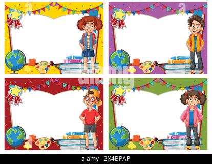 Vier lebendige Rahmen mit fröhlichen Schulkindern. Stock Vektor