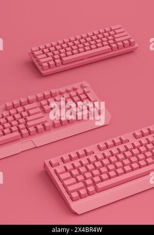 Draufsicht auf den Arbeitsbereich des Gamers und Ausrüstung wie Tastaturen auf monochromem Hintergrund. 3D-Rendering von Zubehör für Live-Streaming-Konzept von oben Stockfoto