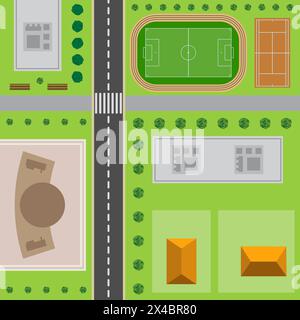 Stadtplan. Blick von oben auf die Stadt mit der Straße, Hochhäusern, Bäumen, Sträuchern, Konzerthalle, stadion und Tennisplatz. Stock Vektor