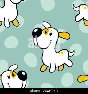 Vektor nahtlos wiederholendes kindliches Muster mit niedlichen Hunden im Doodle-Stil. Tiere Hintergrund mit Hund, Haustiere, Welpen für Einladung, Poster, Karte Stock Vektor