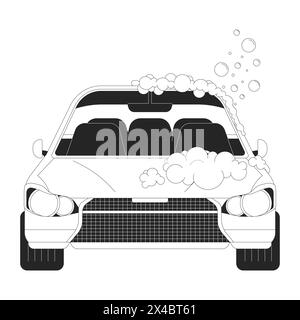 Waschendes Auto mit Schaum schwarz-weiß 2D-Zeilenkommentar Stock Vektor