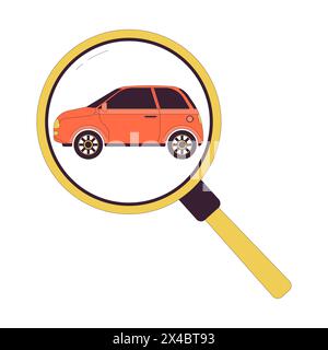 Blick auf das Auto durch die Lupe, lineares 2D-Zeichentrickobjekt Stock Vektor