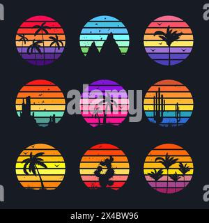 Grunge Vintage Sunset Kollektion. Farbenfrohe gestreifte Sonnenaufgangsabzeichen im Stil der 80er und 90er Jahre. Blick auf Sonne und Meer, Sommerstimmung, Surfen. Designelement für Stock Vektor