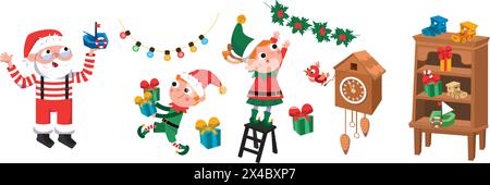 Der süße Weihnachtsmann und Elf machen Geschenke für Kinder. Santa Claus Workshop. Weihnachten im Winter. Vektorillustrationen für Design. Stock Vektor