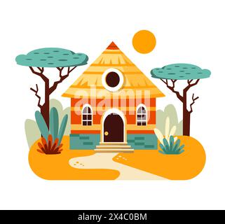 Afrikanische Hütte in der Wüste. Haus mit Veranda und Fenstern, Strohdach. Vektor-isolierte Abbildung. Stock Vektor