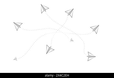 ICONS PAPIERFLUGZEUGE FLIEGEN IN VERSCHIEDENE RICHTUNGEN FLUGVERKEHR Stock Vektor