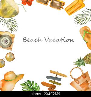 Urlaub Am Strand. Ruhm mit Aquarellelementen. Kamera, Sonnenbrille, Früchte, Tropische Blätter, Strandzubehör. Für Reiselisten, Postkarten, Flyer, Po Stockfoto