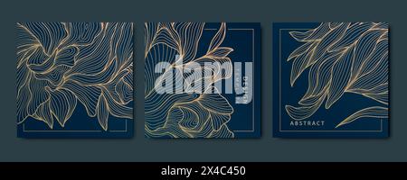 Vektor-Satz Goldblume Hintergrund, quadratisches Luxus-Blumenmuster. Line Nature Frühlingsrahmen, Einladung zum Pflanzenjahrgang. Blätter, Blütenblätter Hochzeit Stock Vektor