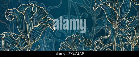 Elegante, prestigeträchtige Art déco-Hintergrundschablone mit Blumen. Das luxuriöse Design ist ein Art déco-Motiv mit blauen und goldenen Farben. Stock Vektor