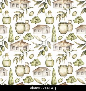 Aquarellmuster mit Verzierung italienischer Häuser, Olivenölflasche und Olivenbäumen, Sizilien wiederholen Muster Illustration isoliert auf weiß Stockfoto