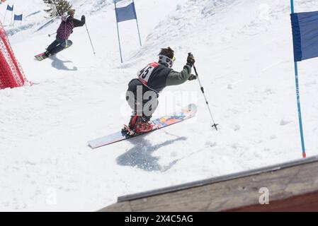 Monoski als Sportart bei schneebedeckten Bergsteigern im Winter Monoski als Sportart im Winter Stockfoto