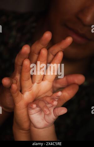 Nahaufnahme der Hände einer Familie, die in einem warmen, intimen Moment die Verbindung zwischen Vater, Mutter und Baby zeigt Stockfoto