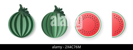 Set mit 3D-Wassermelonen in Scheiben geschnittenen Beerenfrüchten. Sommer-Lagen-Früchte. Saftige Essenselemente für Restaurants, Speisen, Getränke, Bars, Rezepte, Summe Stock Vektor