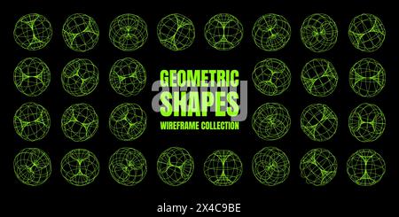 Mit Drahtdarstellung versehene Formen. Perspektivisches Netz, 3D-Raster. Geometrische Elemente mit niedrigem Poly. Futuristische Retro-Designelemente im y2k-, Vaporwave- und Synthwave-Stil Stock Vektor