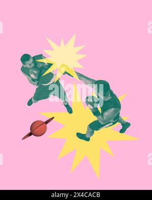 Zwei muskulöse Männer, Boxsportler in Bewegung, kämpfen über rosa Hintergrund mit abstrakten Designelementen. Kreative Kunstcollage. Stockfoto