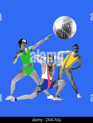 Drei lustige Männer in farbenfroher Sportswear machen Aerobic-Übungen vor blauem Hintergrund. Zeitgenössische Kunstcollage. Stockfoto