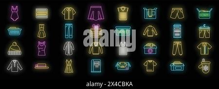 Kleidung Spende Symbole setzen Umrissvektor. Behälter geben. Spende Pullover Neonfarbe auf Schwarz Stock Vektor