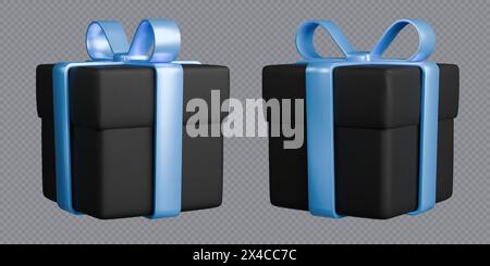 Geschenkboxen mit Bändern, realistische 3D-Black-Boxen mit blauen Schleifen. Überraschungsgeschenk isoliert auf grauem Hintergrund. Stock Vektor