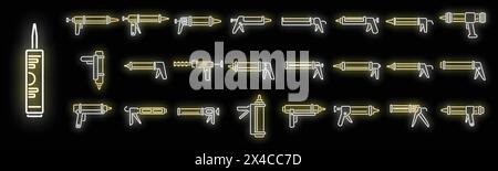 Silikon-Dichtungspistole Symbole setzen Konturvektor. Klebstoffhersteller. Bauschreiner Neonfarbe auf Schwarz Stock Vektor