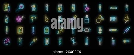 COVID-Testsymbole legen den Konturvektor fest. Corona-Prophylaxe. Coronavirus Kit Neonfarbe auf Schwarz Stock Vektor