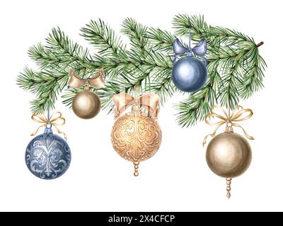 Weihnachtsbaumkugeln mit Seidenschleifen auf Fichtenzweig. Handgezeichnete Aquarellillustration Neujahrsfeiertag Design. Kiefer mit Dekoration im Vintage-Stil Stockfoto