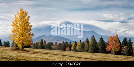 USA, New York, Adirondacks. Lake Placid, Panoramablick auf die Wolken, die über den Mt. Marcy im Herbst Stockfoto