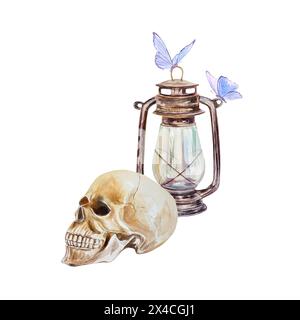 Lampe, antik mit blauen Motten, Schädel im Profil. Handgezeichnete Aquarellillustration isoliert auf weißem Hintergrund. Für Karten, Einladungen, Banner, fliegen Stockfoto