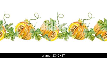 Nahtloser Kürbisrand. Gemüse und Blätter. Handgezeichnete Aquarellillustration isoliert auf weißem Hintergrund. Für Karten, Einladungen, Banner, Flyer Stockfoto
