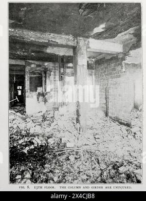 WOHNHAUS, 3. ETAGE. SÄULE UND TRÄGER SIND UNVERLETZT. Aus dem Artikel DAS HOHE GEBÄUDE, DAS AUF FEUER GEPRÜFT WIRD. Von H. de B. Parsons. Das Engineering 1898 Magazine Co Home Life Building, 1899 auch bekannt als 253 Broadway, ist ein Bürogebäude in Lower Manhattan, New York City. Es befindet sich in Manhattans Viertel Tribeca und Civic Center an der nordwestlichen Ecke von Broadway und Murray Street, neben dem City Hall Park. Stockfoto