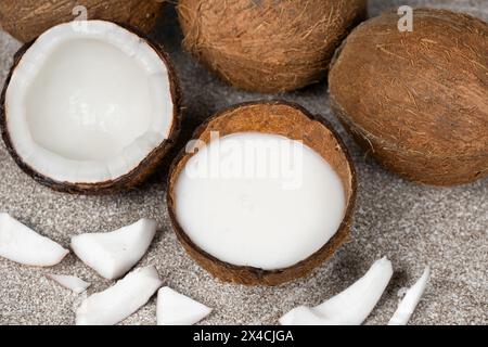 Kokosmilch in Kokosnussschale und Kokosnuss, gehacktes Fleisch auf grauem Hintergrund Stockfoto