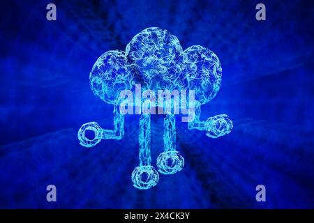 Leuchtende Neon-Wolke mit abstraktem gepunktetem Muster, das mit mehreren Knoten im blauen Sonnenstich verbunden ist. Cloud Computing und Software as Service (SAAS) Stockfoto