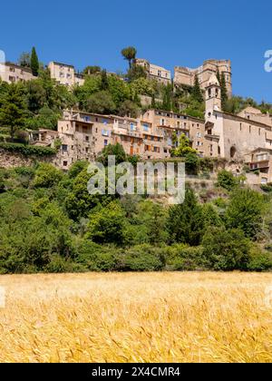 Montbrun-les-Bains mittelalterliches Dorf der Provence und Weizenfeld im Sommer. Regionaler Naturpark Baronnies Provencales. Drome, Frankreich Stockfoto