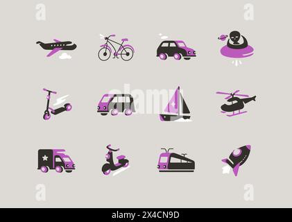 Fahrzeugtypen – moderne, farbenfrohe Symbole Stock Vektor