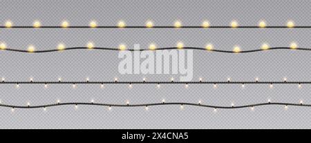Feenlichter leuchtende Linien 3D realistische Vektor-Illustration Set. Festliches, leuchtendes Ornament-Design. Lampengirlanden auf transparentem Hintergrund Stock Vektor