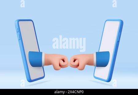 3D-Cartoon-Hand und Partner geben Fausthand, Geschäftsmänner Hände, die aus den Bildschirmen des Smartphones ragen. Teamwork, Partnerschaft, Freundschaft. 3D-rendering Stock Vektor