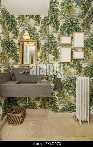 Ein schönes, modernes Design-Badezimmer mit grauem Marmorwaschbecken, Wänden mit dekorativen Pflanzenpapieren Stockfoto
