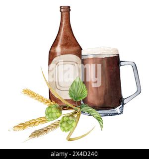 Handgezeichnete Aquarellillustration Flasche Bier mit geformtem Glas Bier und Hopfen und Malz, Bierfest, internationaler Biertag Stockfoto