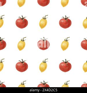Aquarellgemüse mit nahtlosem Muster. Frisches gesundes Essen Hintergrund. Gelbe und rote Tomaten. Landwirtschaft, lokaler Bauernmarkt, Ernährung, Bio Stockfoto