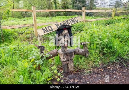 Ditchling Village Sussex UK - skurrile lustige Holzskulptur mit Parkschild ohne Barking Stockfoto