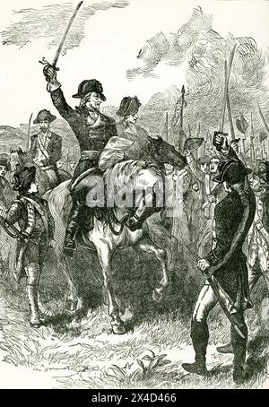 Am 9. Juli 1776 befahl General George Washington seinen Männern, sich genau um sechs Uhr abends zu versammeln, um die neue Unabhängigkeitserklärung zu hören, die fünf Tage zuvor vom Kongress verabschiedet wurde. Der Ort war New York City. Stockfoto