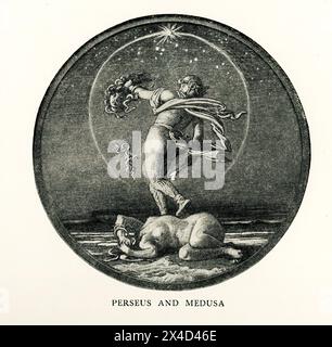 Um seine Mutter Danae zu schützen, nahm der mythische griechische Held Perseus die Aufgabe an, das ihm von einem König namens Polydictes zugewiesene Monster Medusa zu töten, dessen Haare Schlangen waren und dessen Augen sich zu Stein wandten, der sie ansah. In dieser Illustration von 1914 bereitet sich Perseus darauf vor, Medusa zu töten. Ihm half, Medusa zu finden, war sein Führer, der Botengott Hermes (Mercury an die Römer) und Athena. Mit ihnen hatte er die drei Töchter von Porcus und CETO (eine Schwester der Gorgonen) gefunden. Sie hießen Enyo, Pephredo und Deino und waren von Geburt an alt. Sie teilten sich ein Auge und einen Zahn, wie hier zu sehen ist. Stockfoto