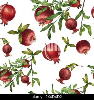 Granatapfel, Aquarellillustration, Dekoration, handgezeichnet, Design, nahtloses Muster, Digitalpapier, Geschenkpapier, Obst Stockfoto