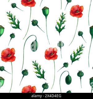 Wildblumen, Mohn, nahtlos, Muster, Aquarell, handgemalt, Illustration, Muttertag, Textil, Stoff, drucken Stockfoto