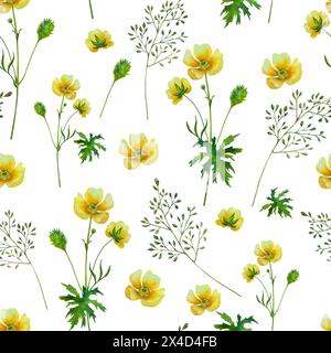 Spearwort, Wildblumen, nahtlos, Muster, Aquarell, handgemalt, Illustration, Muttertag, Textil, Stoff, drucken Stockfoto