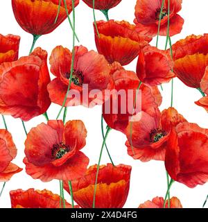 Wildblumen, Mohn, nahtlos, Muster, Aquarell, handgemalt, Illustration, Muttertag, Textil, Stoff, drucken Stockfoto