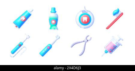 3D Icons mit Zahnheilkunde Icons 3D für Healthcare Design. Mundhygiene. Zahnbürste, Mundwasser, Zahnseide, Zahnpasta, Injektion. Vektor-3D-Symbole Stock Vektor